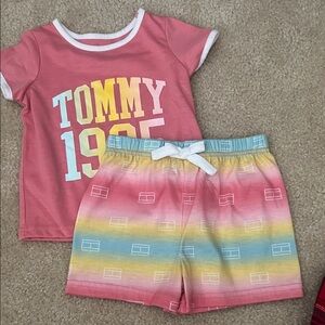 Tommy Hilfiger Pink Short Sleeve Tee & Rainbow Stripe Shorts Pajama Set